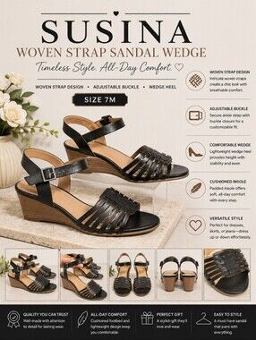 SUSINA Black Woven Strap Sandal Wedge 7M